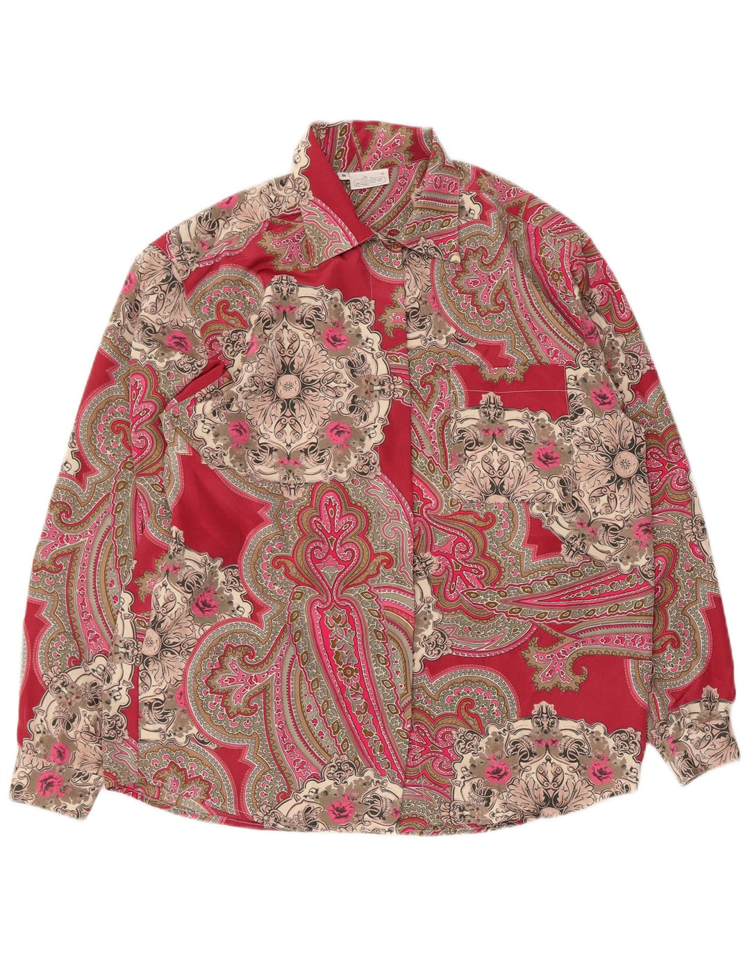 Blusa de camisa oversized feminina vintage Reino Unido 10 poliéster vermelho pequeno de Paisley