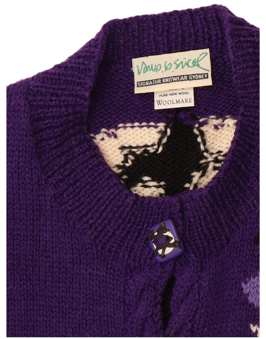 Suéter cardigã feminino vintage VINTAGE Reino Unido 20 2XL lã colorblock roxa