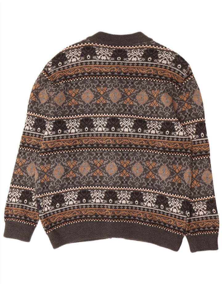 Suéter cardigã masculino vintage grande lã Fair Isle cinza