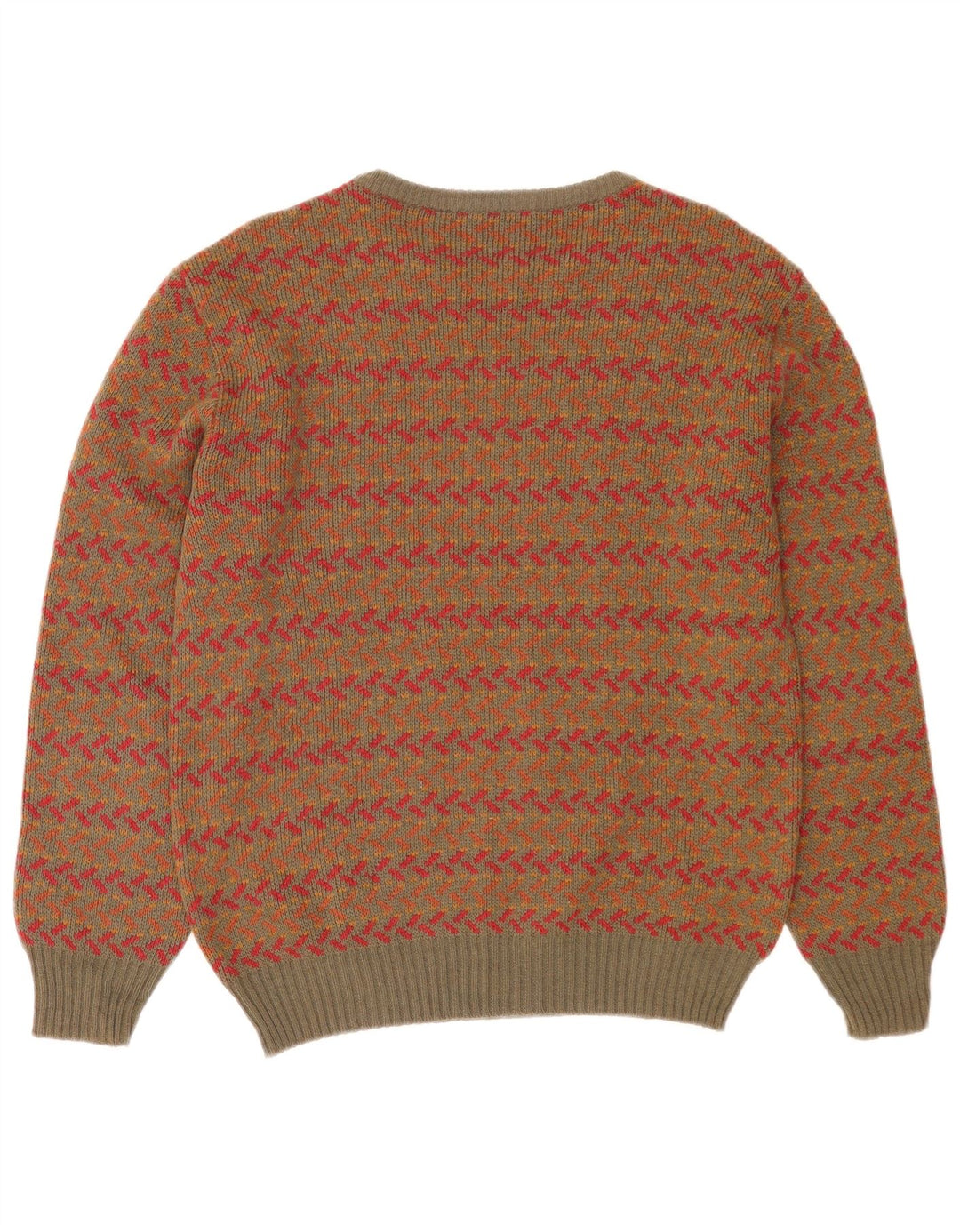 Suéter masculino vintage com gola redonda, lã geométrica cáqui média