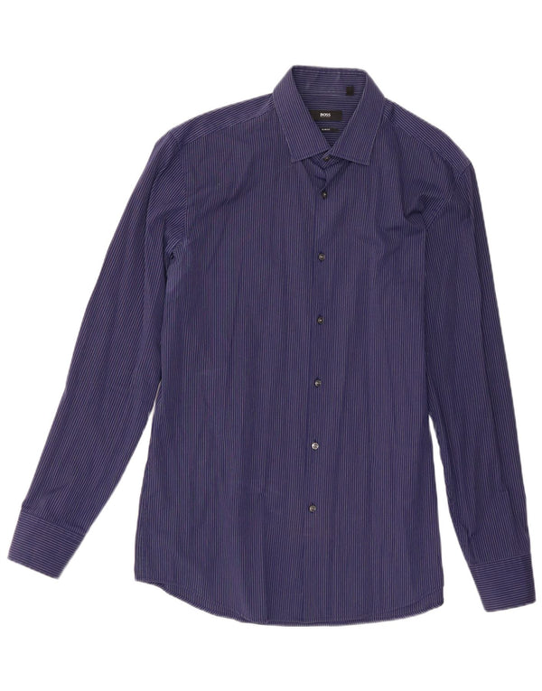 Camisa masculina Hugo Boss Slim Fit tamanho 41 16 grande algodão listrado azul