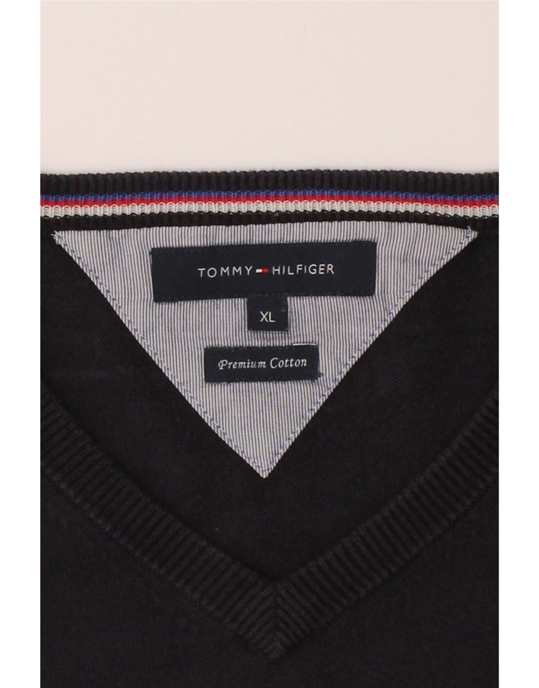 TOMMY HILFIGER Mens V-Neck Jumper Sweater XL Navy Blue Cotton Vintage Tommy Hilfiger and Second-Hand Tommy Hilfiger from Messina Hembry 