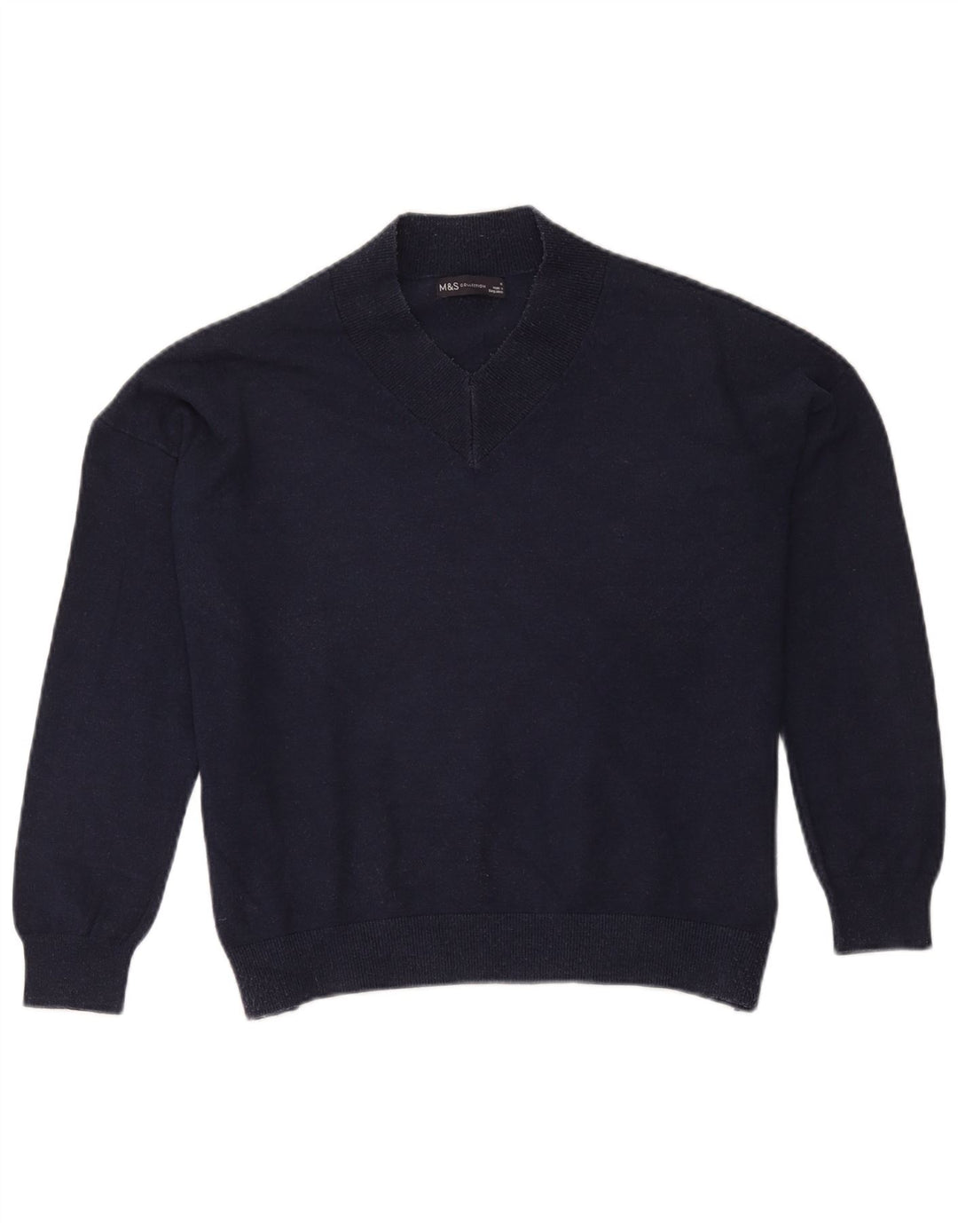 Suéter feminino Marks & Spencer com decote em V grande, azul marinho médio
