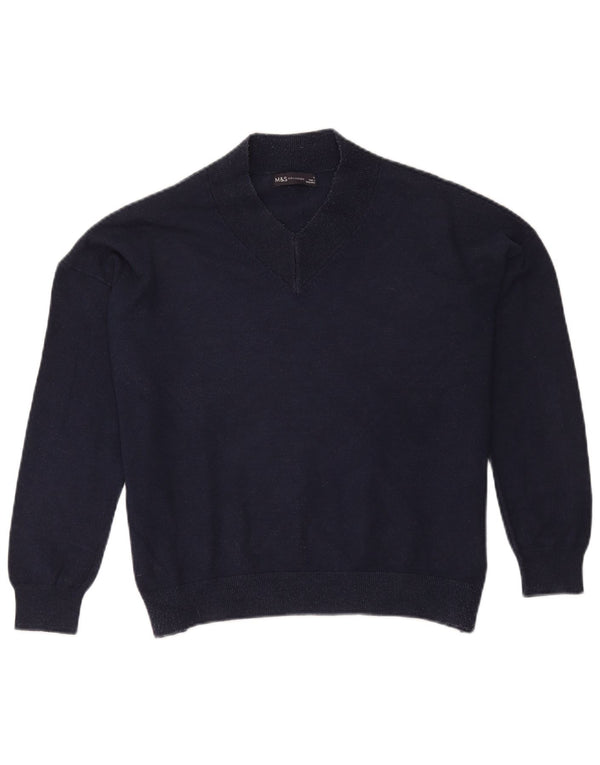Suéter feminino Marks & Spencer com decote em V grande, azul marinho médio