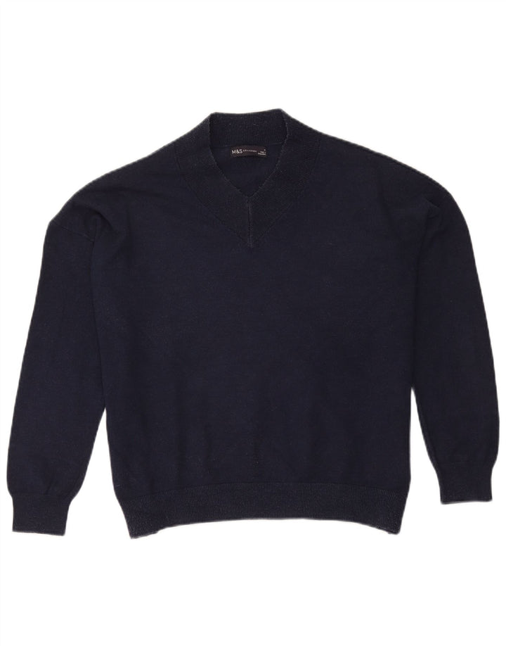 Suéter feminino Marks & Spencer com decote em V grande, azul marinho médio