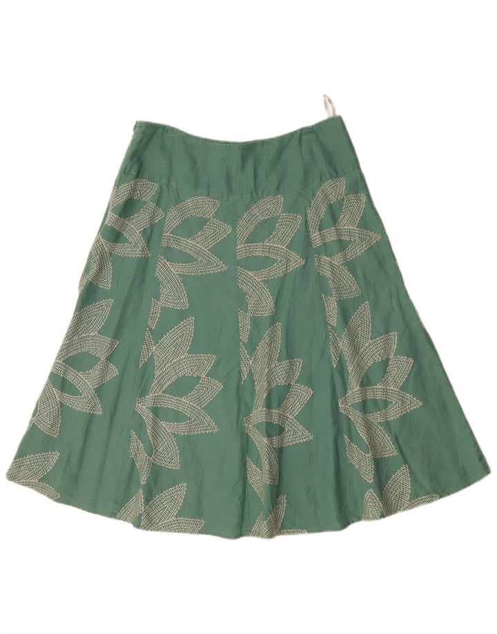 MONSOON Saia feminina cintura baixa evasê UK 10 pequena W32 algodão floral verde