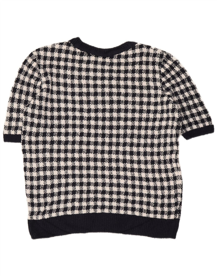 Blusa feminina Marks & Spencer Top Reino Unido 14 grande Houndstooth azul marinho
