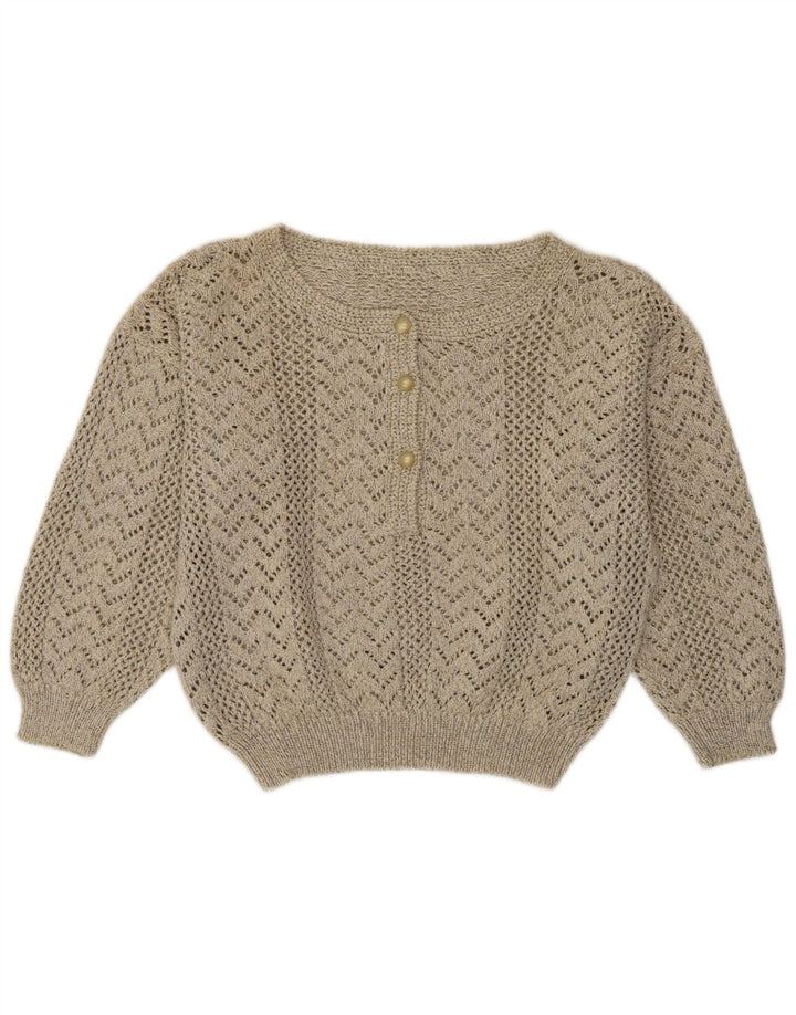 Suéter feminino vintage com gola canoa e decote em barco UK 12 cinza médio