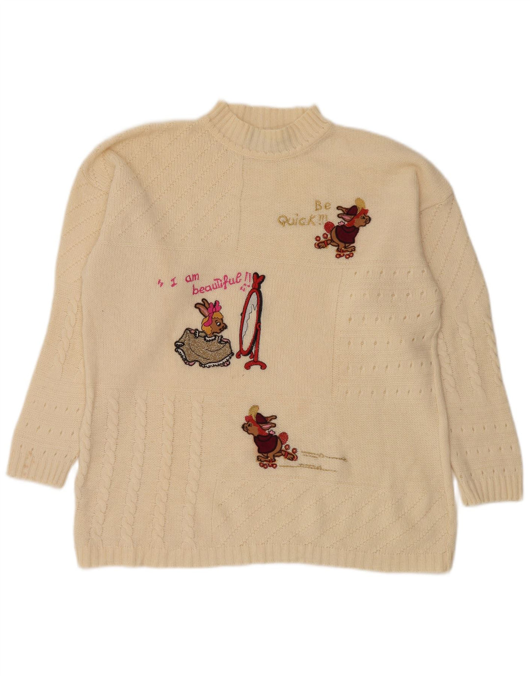 Suéter feminino vintage com gola tartaruga gráfica Reino Unido 14 médio off white