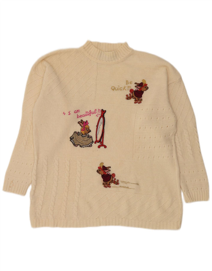 Suéter feminino vintage com gola tartaruga gráfica Reino Unido 14 médio off white