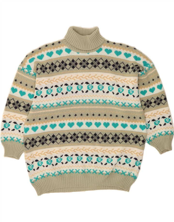 VINTAGE Mens Roll Neck Jumper Sweater Medium Green Fair Isle Vintage Vintage and Second-Hand Vintage from Messina Hembry 