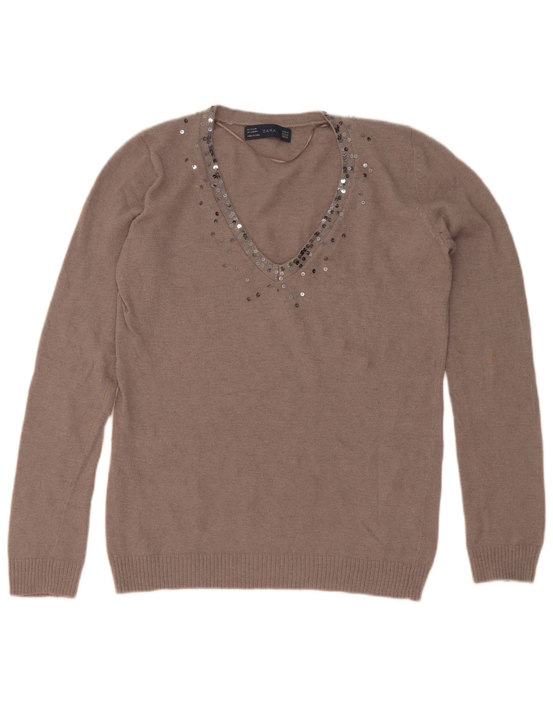 Suéter feminino Zara com decote em V Reino Unido 14 marrom médio