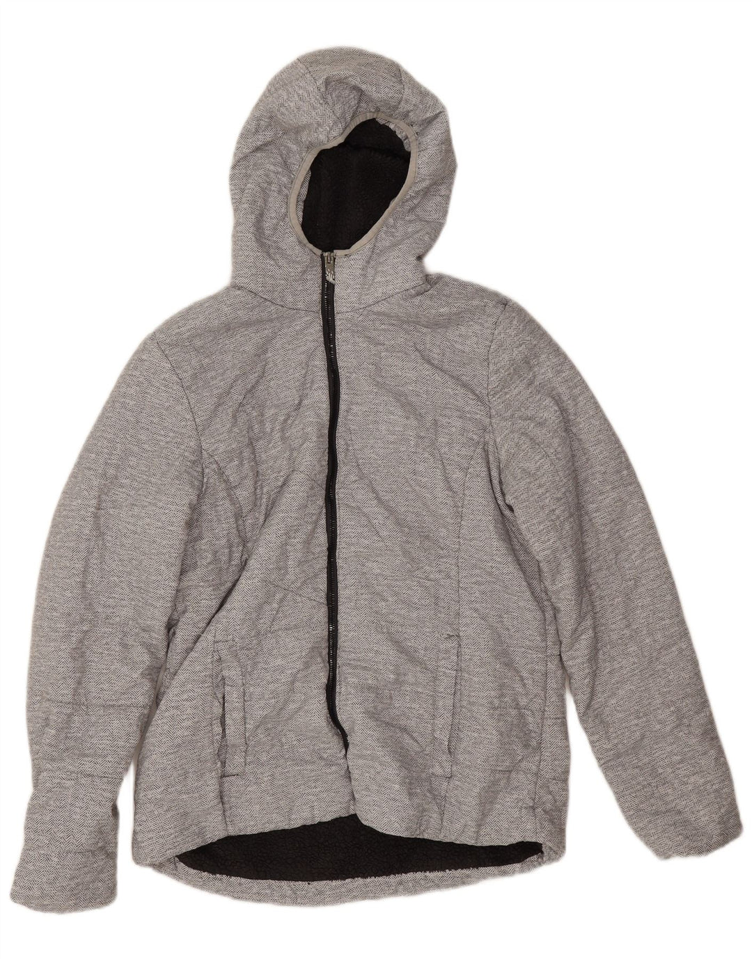 Jaqueta New Balance Feminina Sherpa com Capuz UK 14 Médio Cinza Espinha de Peixe