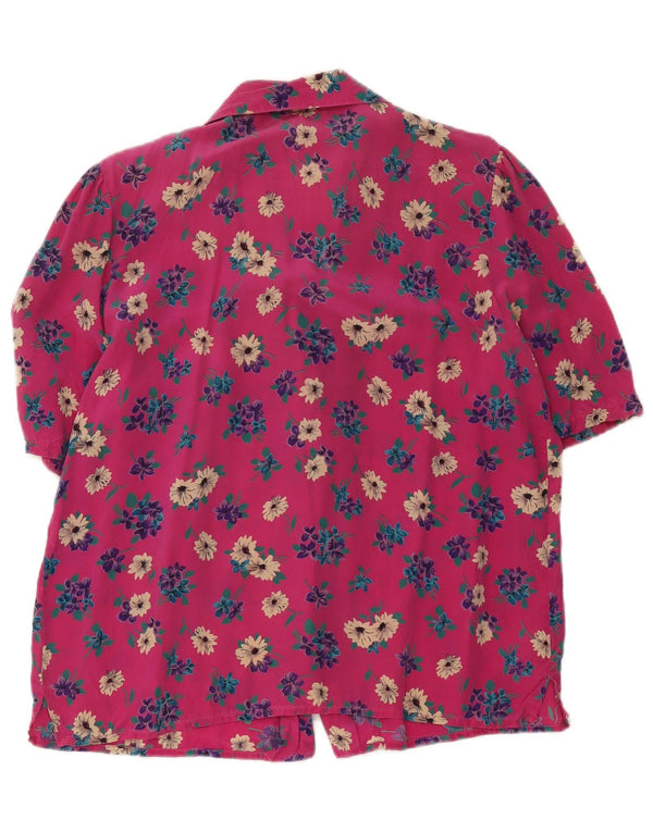 Blusa feminina vintage manga curta UK 18 XL rosa floral