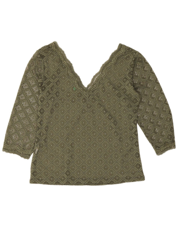 Blusa feminina de renda manga 3/4 Benetton Reino Unido 12 médio cáqui geométrico