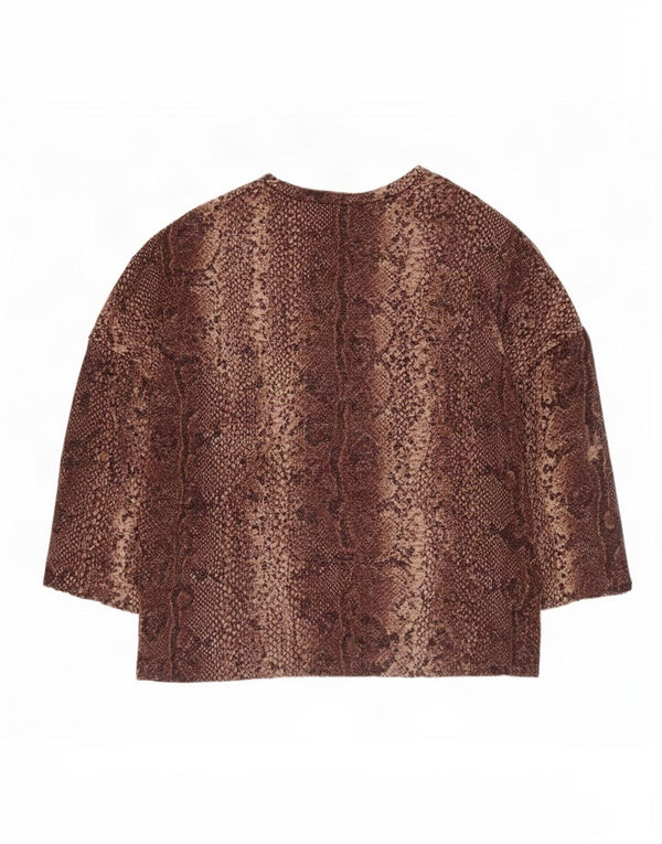 Top feminino Zara manga 3/4 Reino Unido 14 marrom médio estampa animal