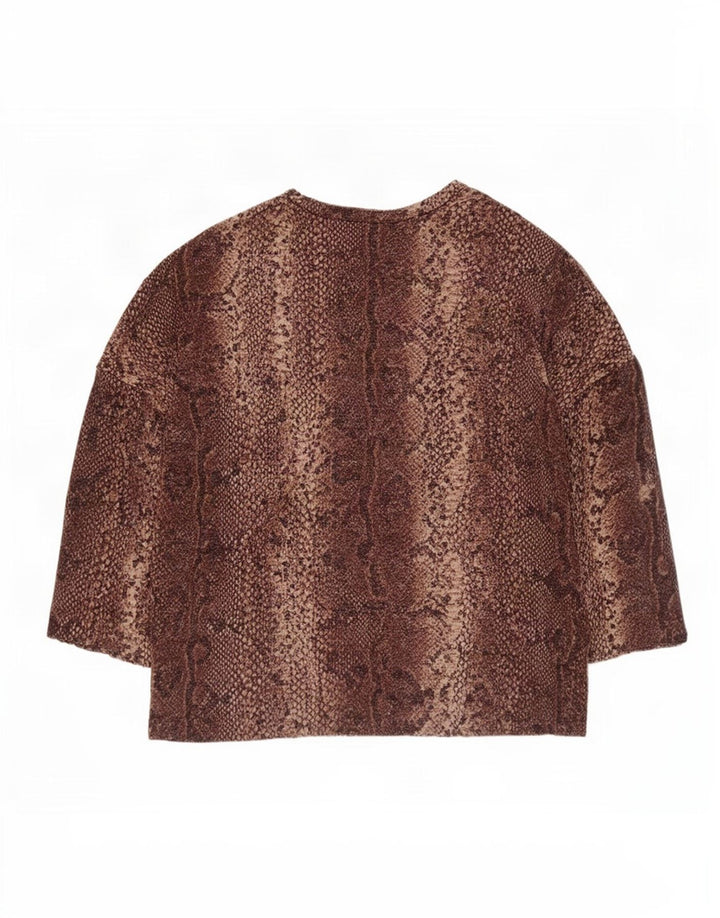 Top feminino Zara manga 3/4 Reino Unido 14 marrom médio estampa animal