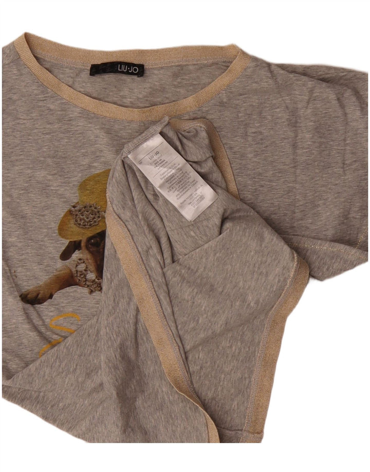 LIU JO Camiseta feminina gráfica Top IT 44 algodão manchado cinza médio
