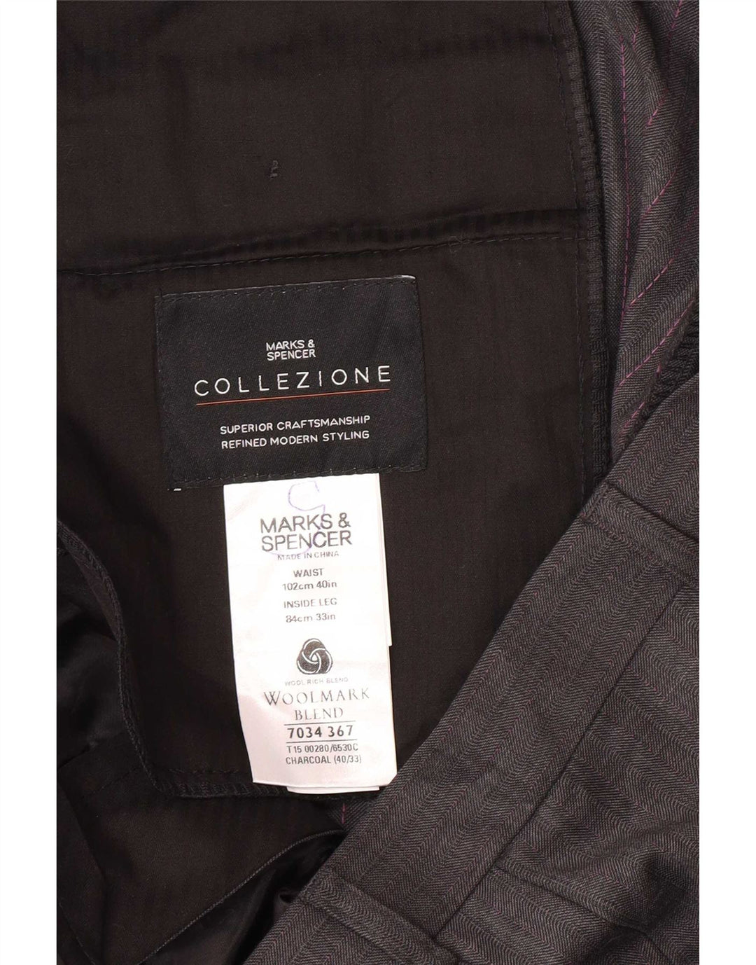 Calça masculina de terno reto Marks & Spencer W40 L33 lã cinza
