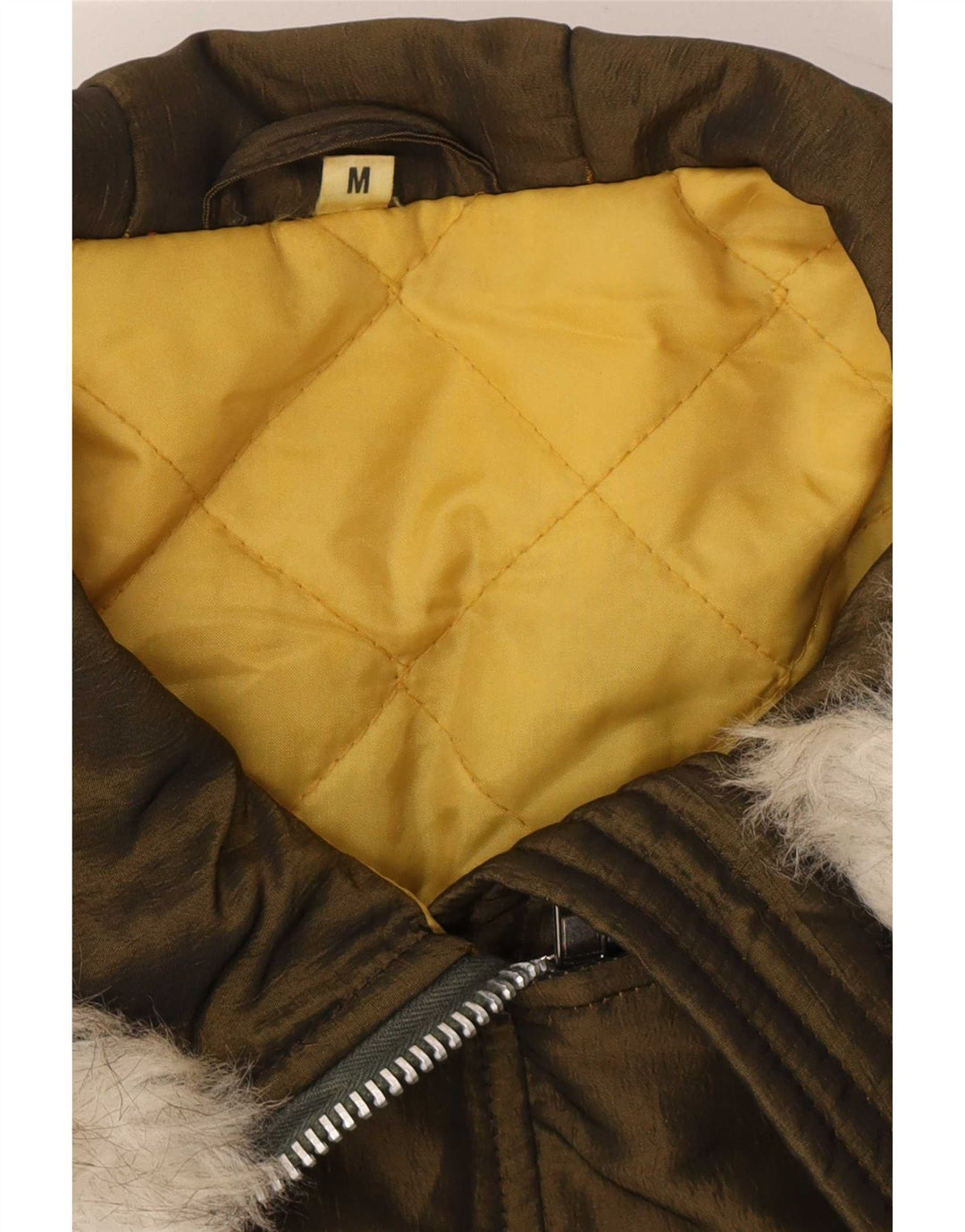 Jaqueta Parka feminina vintage com capuz grande Reino Unido 14 Poliéster cáqui médio