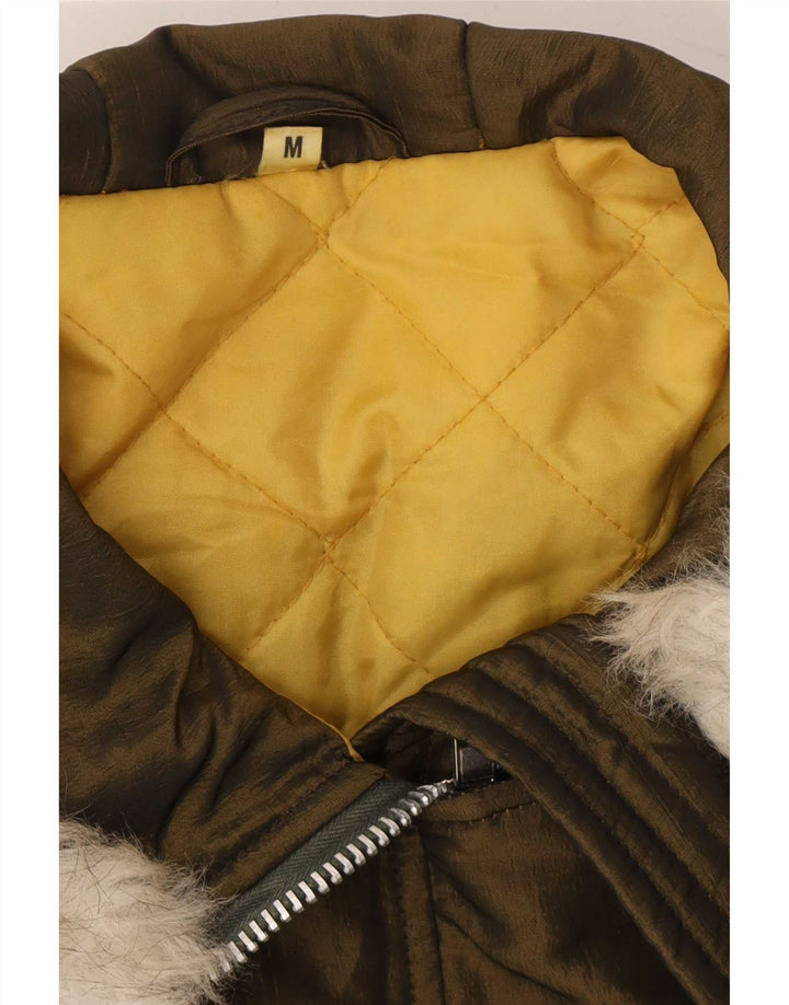 Jaqueta Parka feminina vintage com capuz grande Reino Unido 14 Poliéster cáqui médio