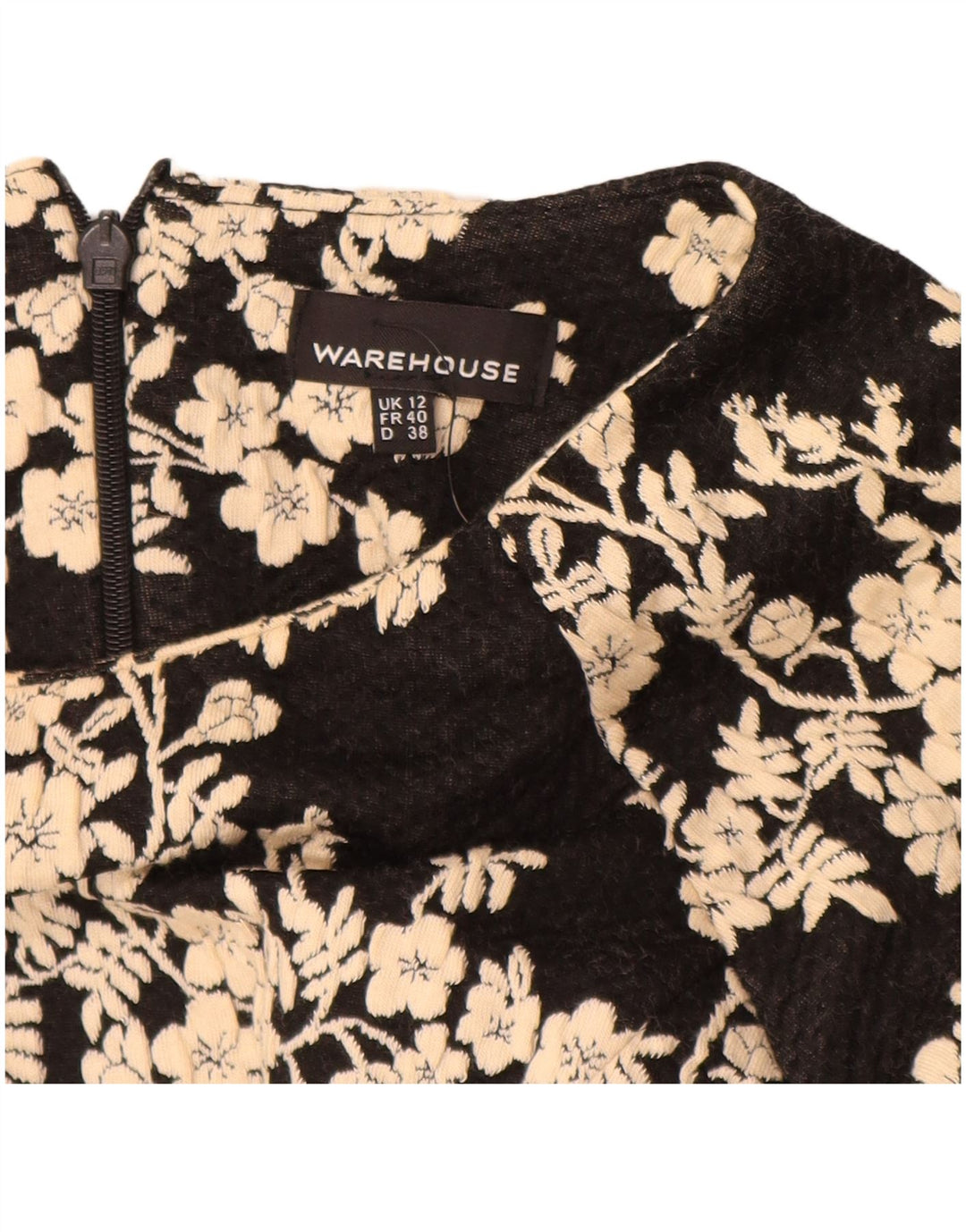 WAREHOUSE Vestido feminino manga 3/4 com bainha Reino Unido 12 algodão floral preto médio