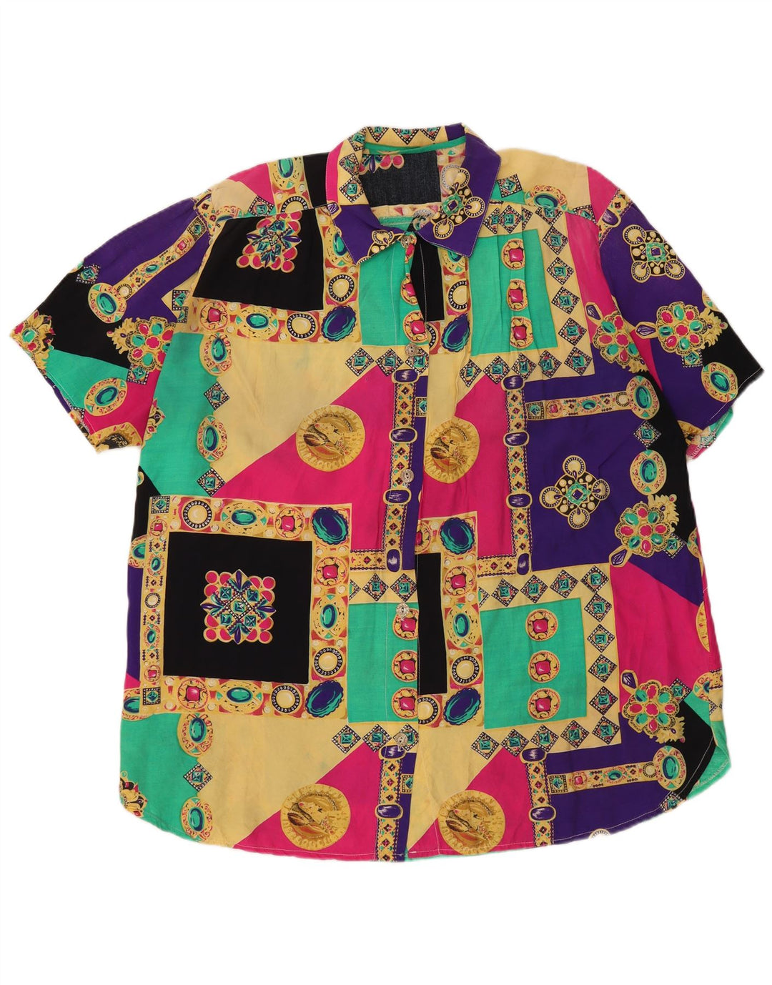 Blusa feminina vintage de manga curta UK 20 2XL patchwork multicolorido