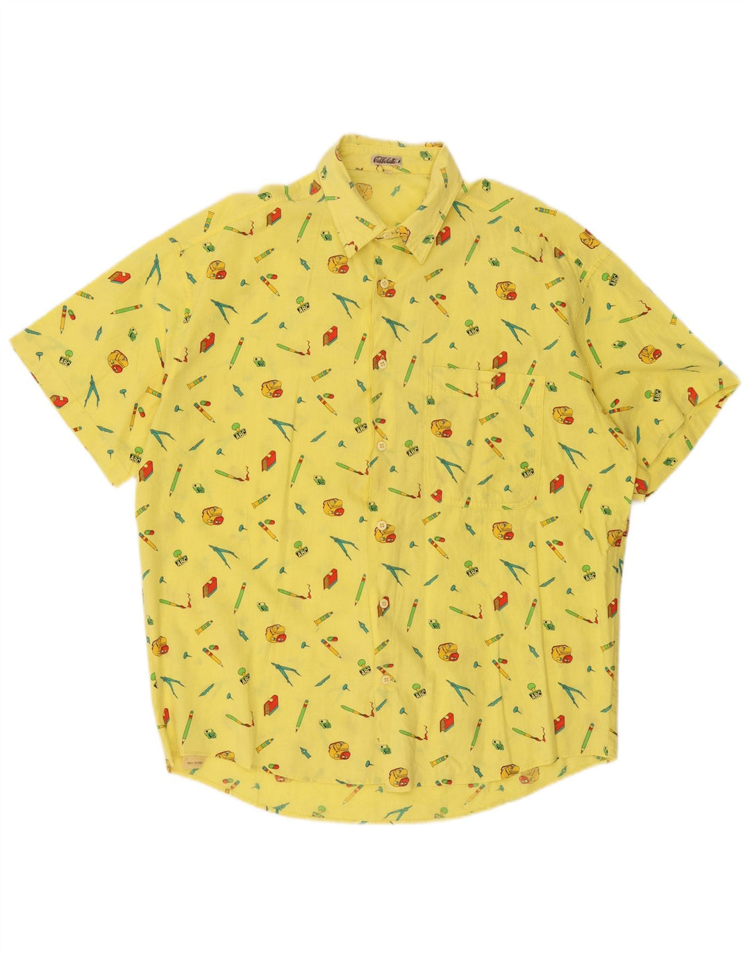 Camisa masculina VINTAGE abstrata de manga curta XL algodão amarelo