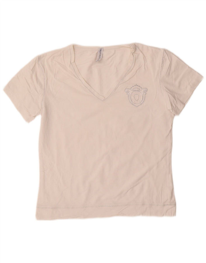 Camiseta feminina Trussardi com estampa gráfica UK 12 algodão branco médio