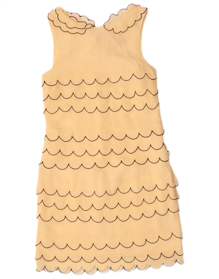 Vestido feminino VINTAGE sem mangas com bainha UK 6 XS seda listrada bege