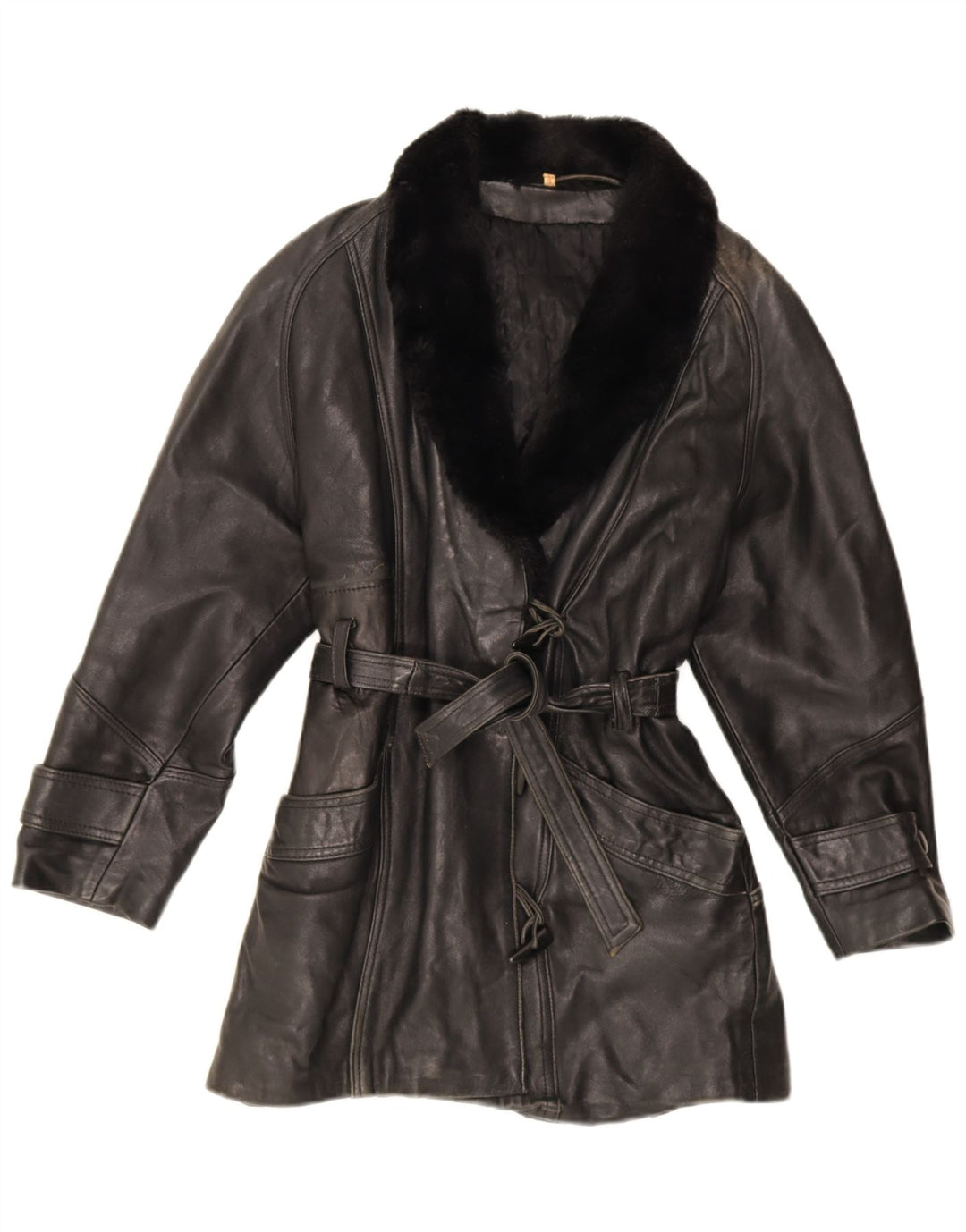 Jaqueta de couro superdimensionada feminina vintage Reino Unido 10 couro preto pequeno