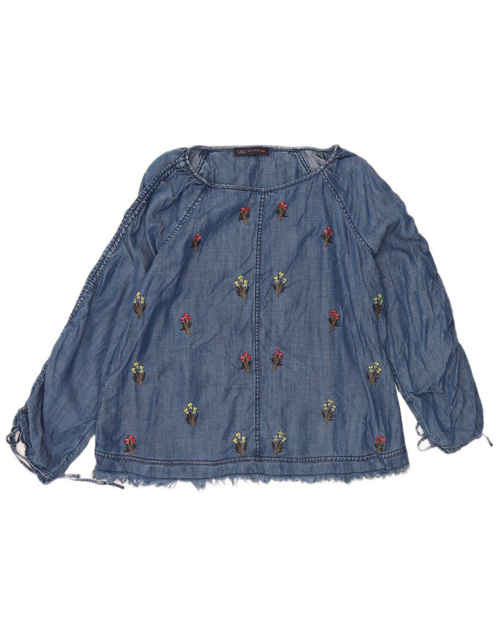 Blusa feminina de manga comprida Marks & Spencer Reino Unido 14 azul médio floral