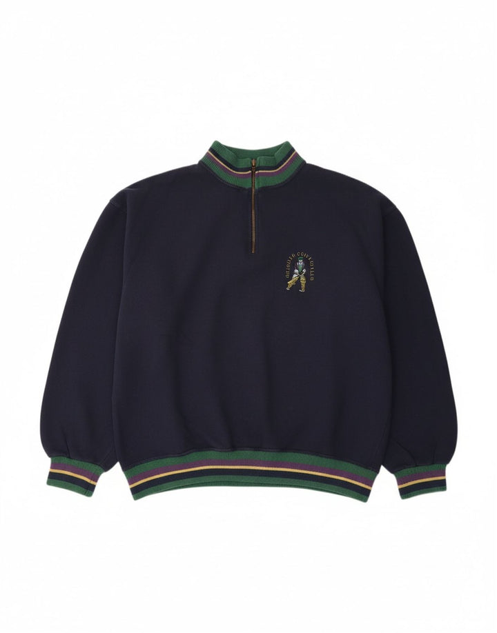 Suéter masculino VINTAGE com zíper e gola grande de algodão azul marinho