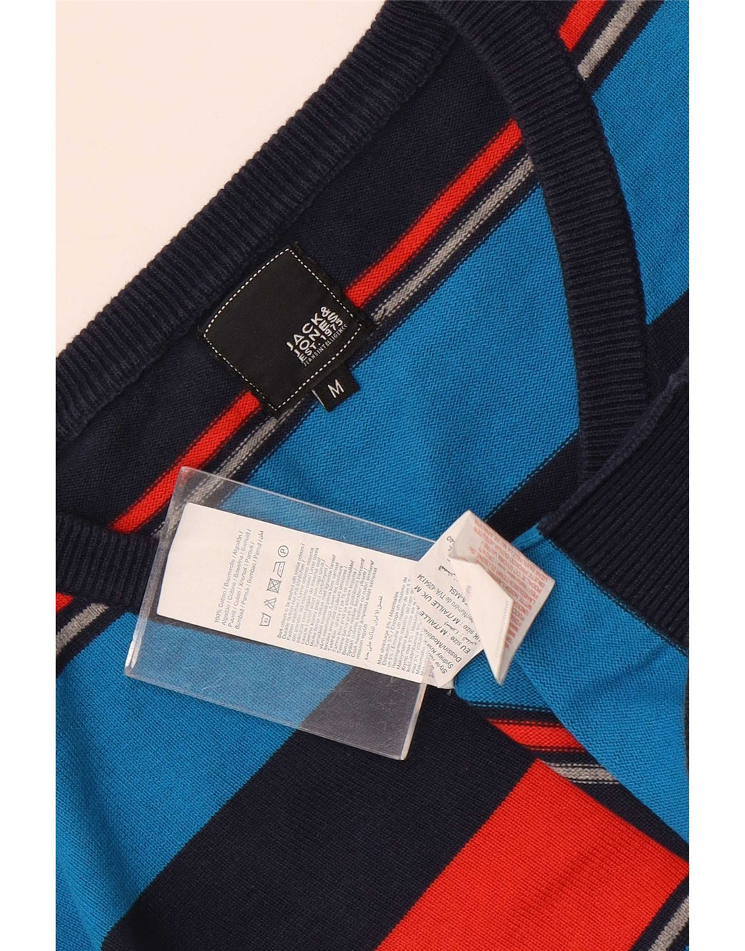 Suéter masculino Jack & Jones com decote em V médio listrado multicolorido de algodão