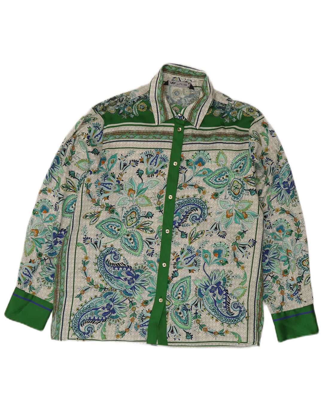 Blusa feminina ZARA Reino Unido 14 poliéster paisley verde médio