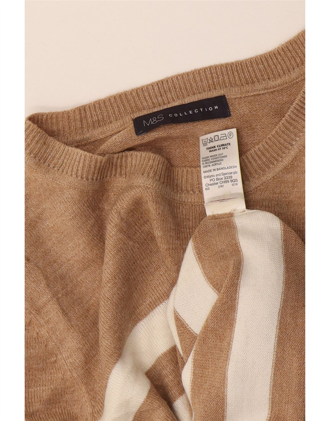 Suéter feminino Marks & Spencer com gola canoa e listrado bege médio Reino Unido 12