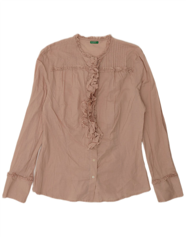 Blusa feminina com babados na frente da Benetton Reino Unido 14 grande rosa