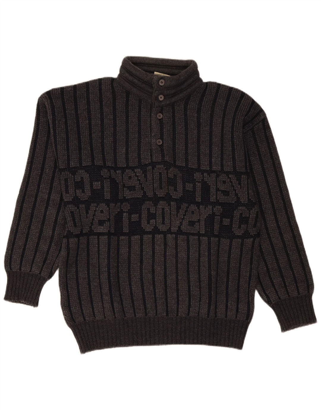 Enrico Coveri Suéter masculino com gola redonda e botão IT 50 listrado cinza médio
