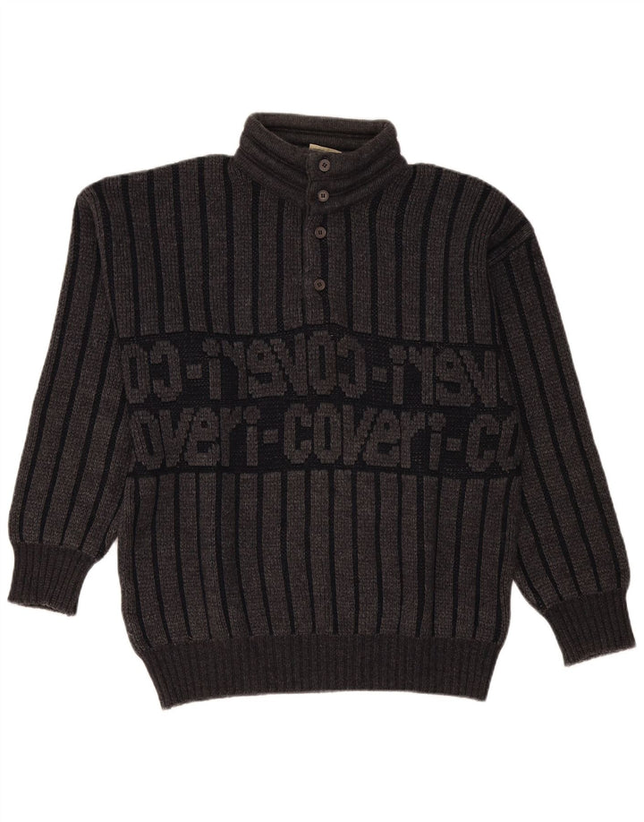 Enrico Coveri Suéter masculino com gola redonda e botão IT 50 listrado cinza médio