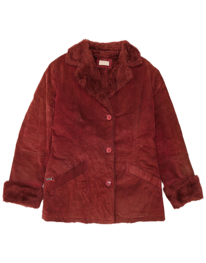 Jaqueta feminina VINTAGE de camurça Sherpa Reino Unido 14 couro médio Borgonha