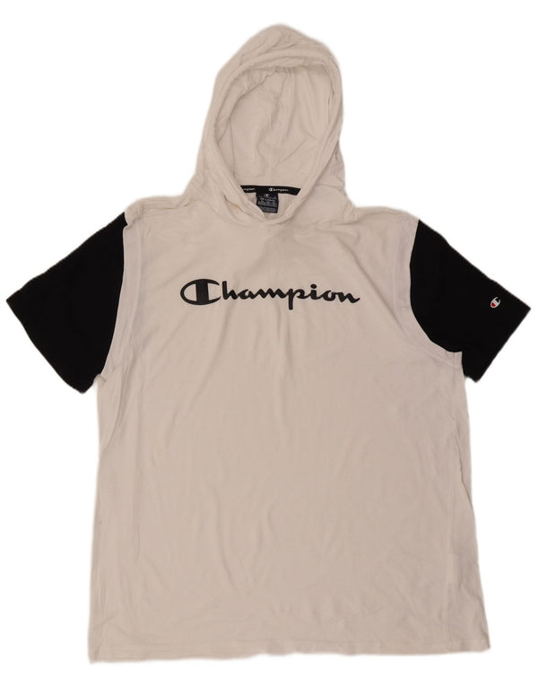 Camiseta masculina com capuz gráfico Champion 2XL algodão colorblock branco