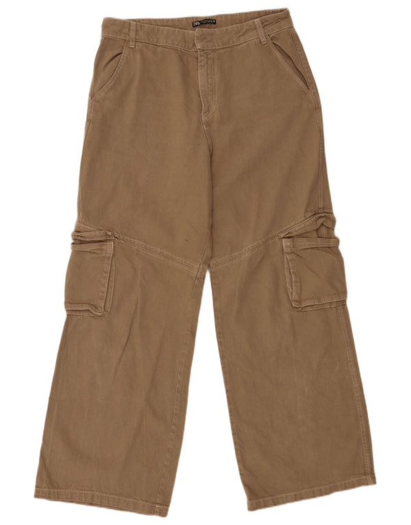 Calça cargo feminina Zara com perna larga, médio W28 L30 algodão bege