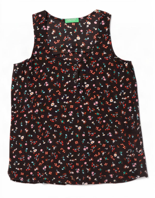 Blusa feminina sem mangas Benetton UK 10 pequena modal preta floral
