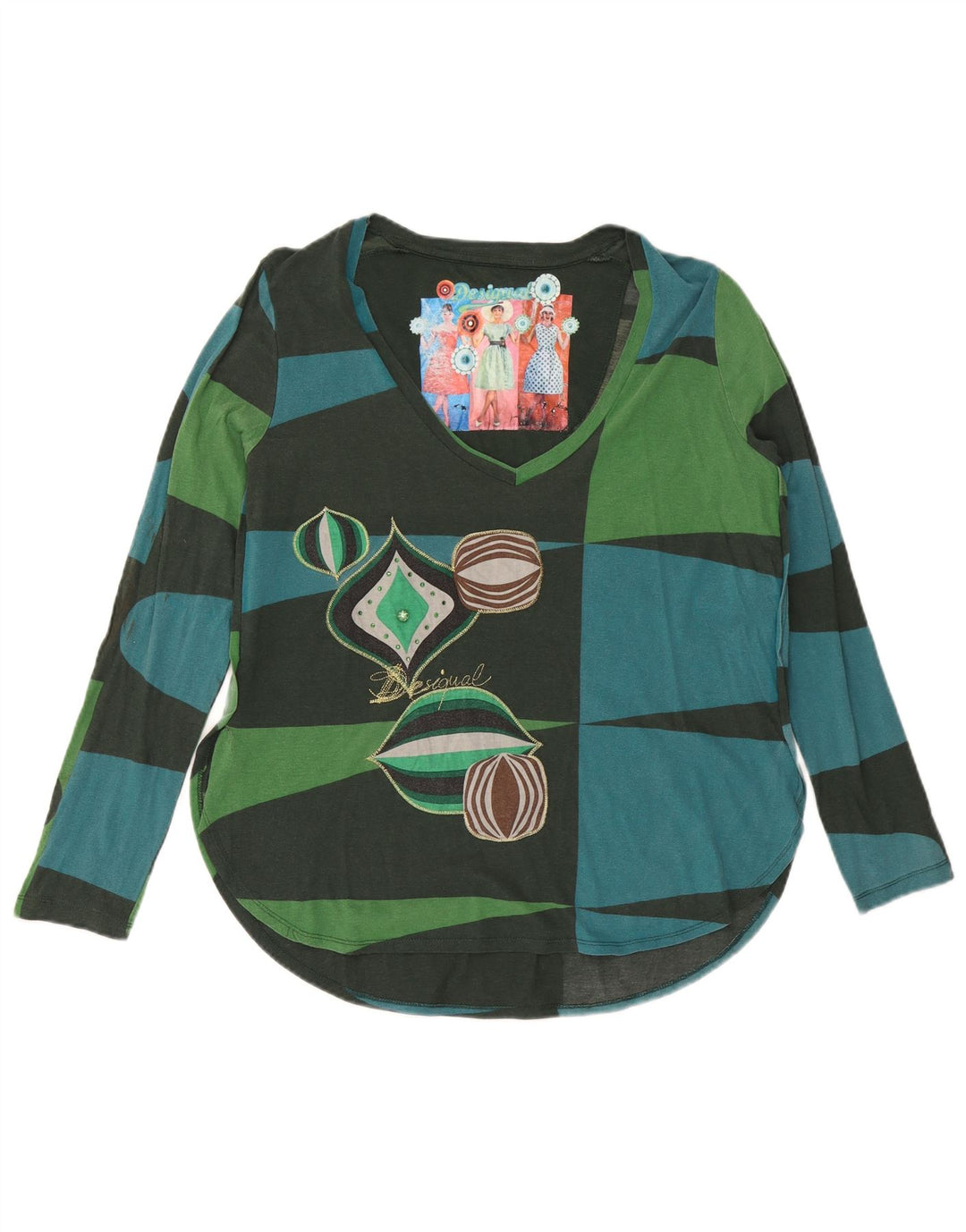Desigual Top gráfico feminino manga comprida UK 20 2XL multicolorido geométrico