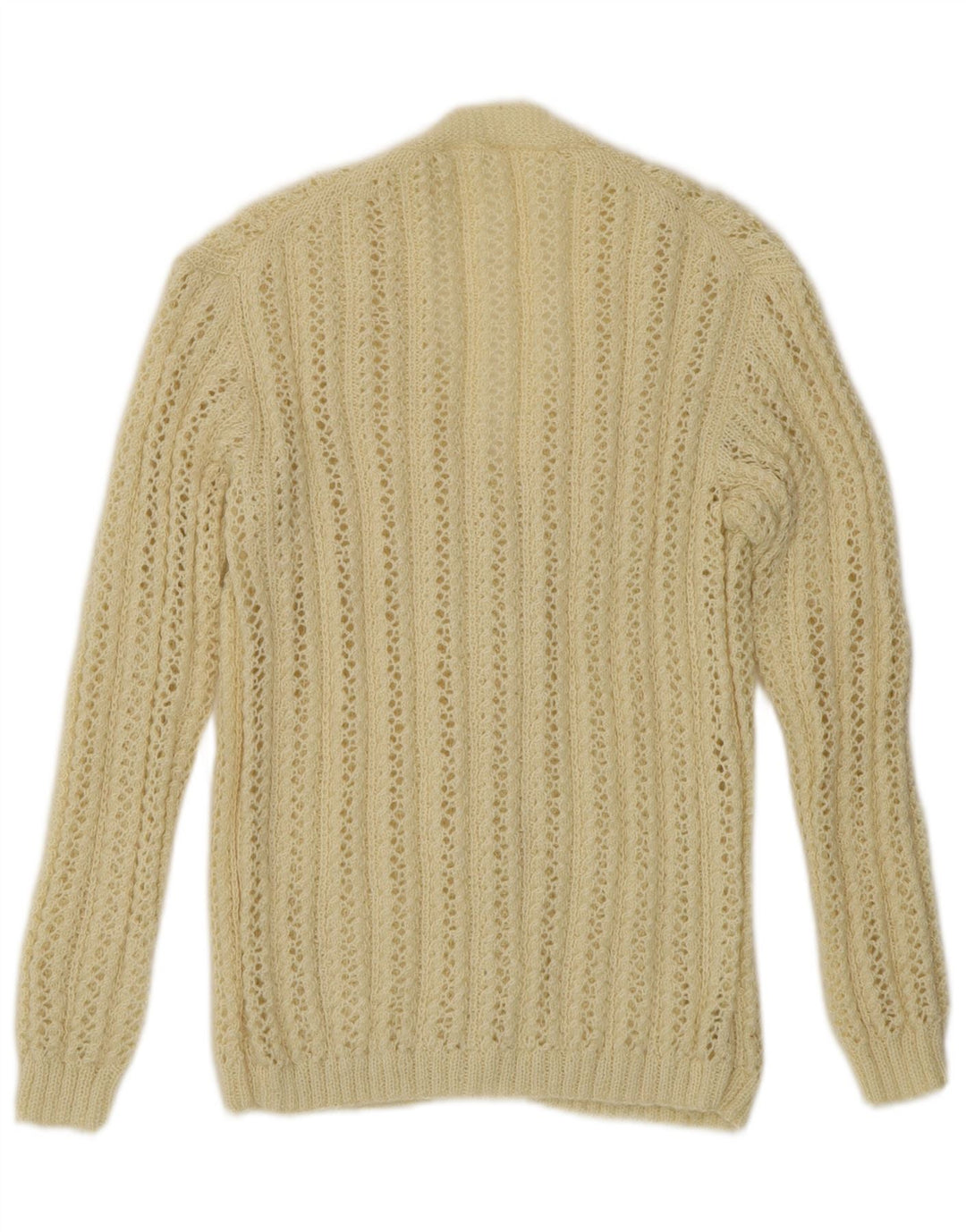 Suéter cardigã de crochê feminino vintage UK 14 médio off white