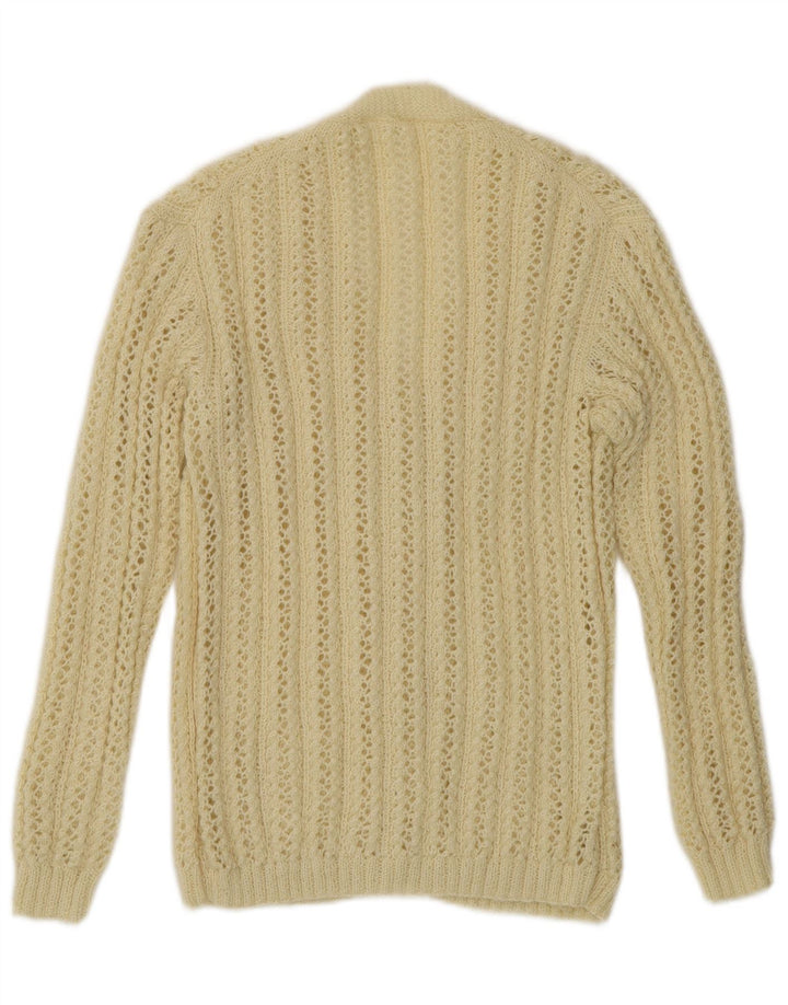 Suéter cardigã de crochê feminino vintage UK 14 médio off white