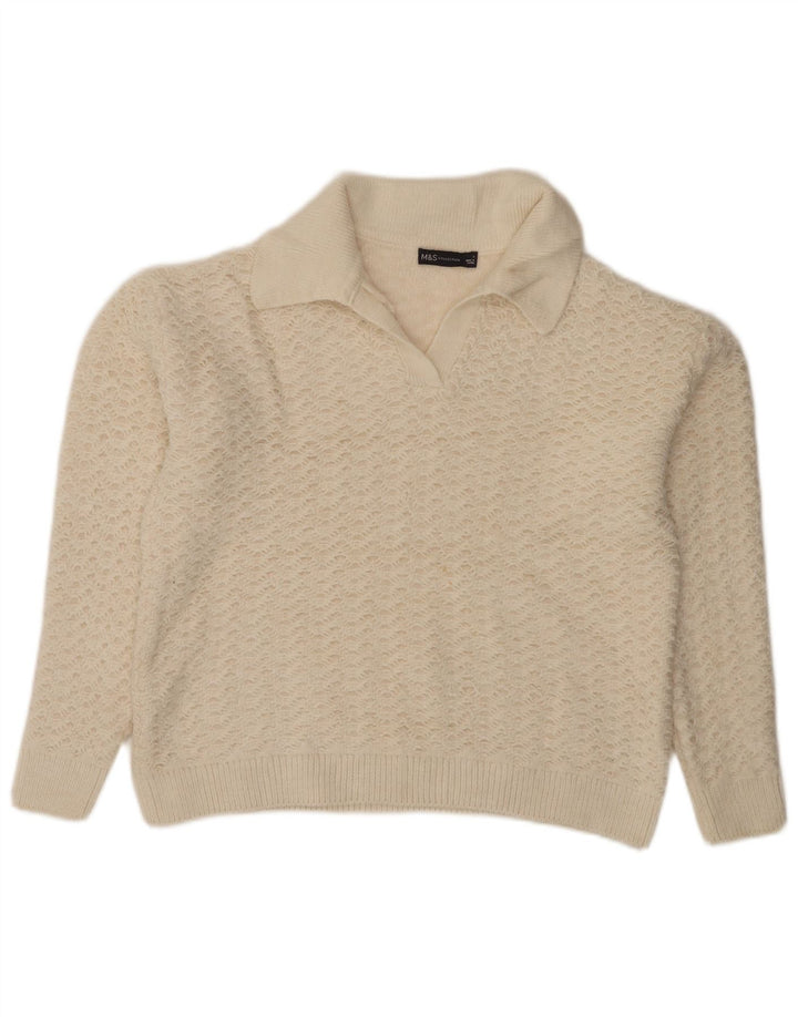 Suéter feminino Marks & Spencer com gola polo oversized Reino Unido 10 pequeno branco