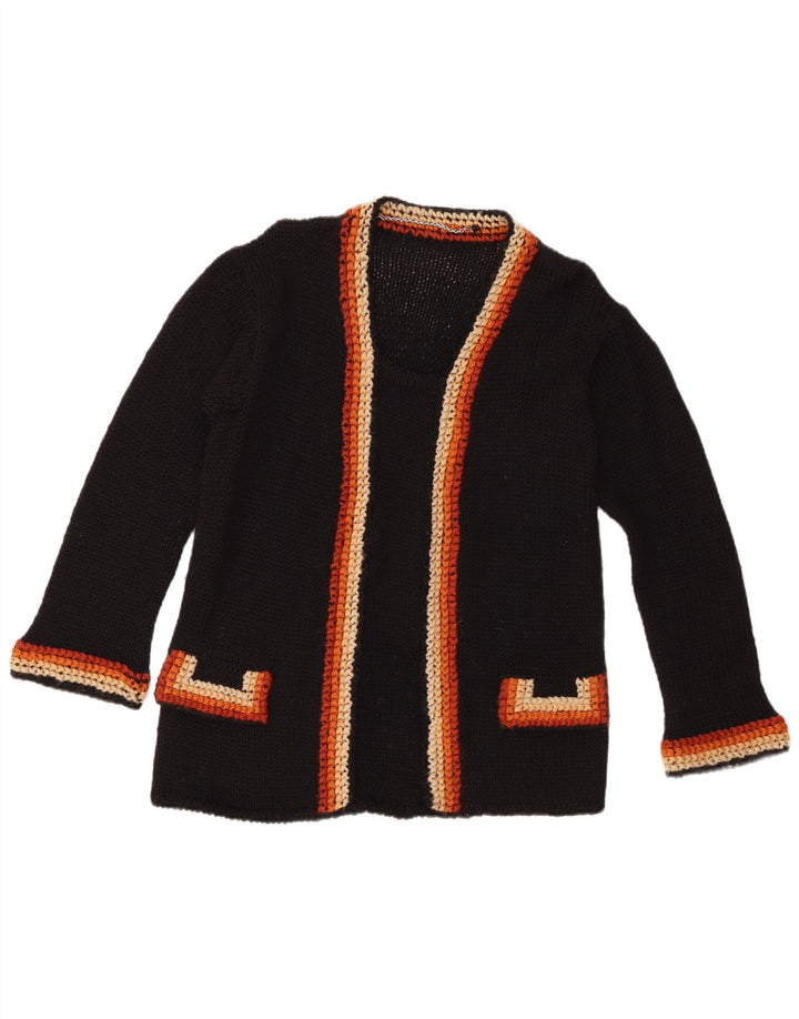 Suéter cardigã aberto feminino vintage Reino Unido 14 bloco colorido preto médio