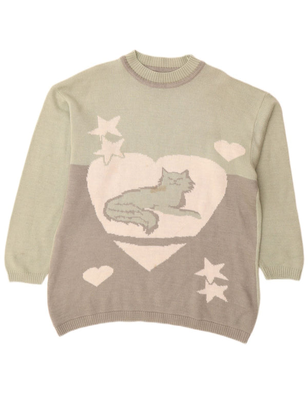 Suéter feminino VINTAGE com gola tartaruga Reino Unido 16 grande estampa animal verde
