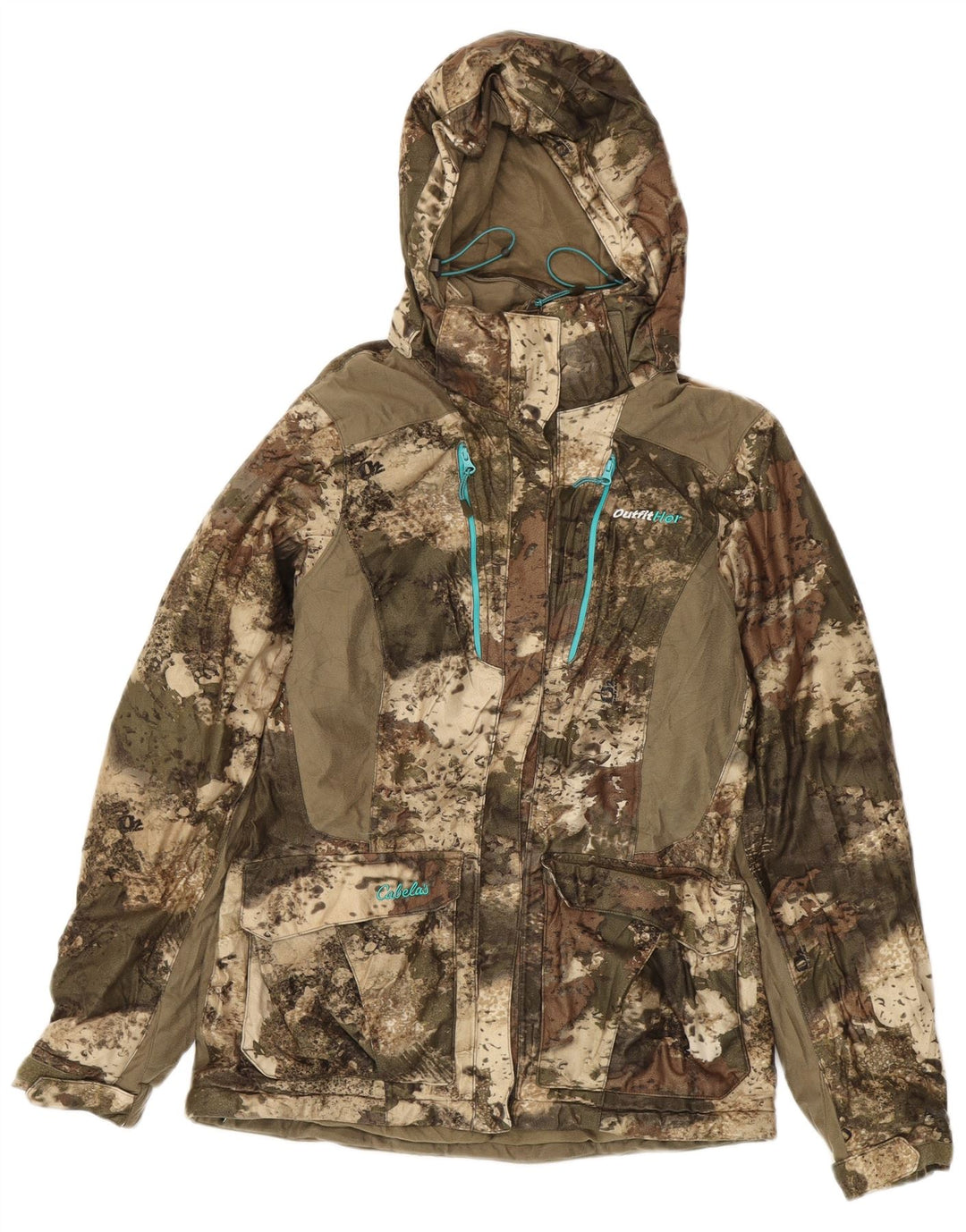 Jaqueta corta-vento feminina grande da CABELA'S Reino Unido 6 XS camuflagem cáqui
